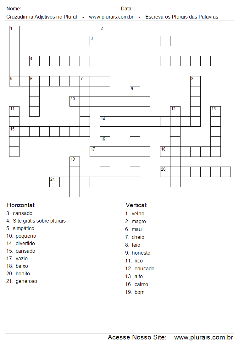 Cruzadinha Com Adjetivos no Plural