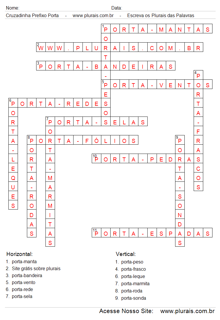 Respostas Cruzadinha Com Palavras Compostas Com o Prefixo Porta.