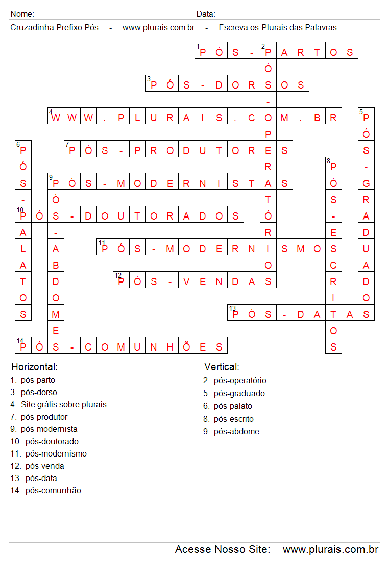 Respostas Cruzadinha Com Palavras Compostas Com o Prefixo Pós.