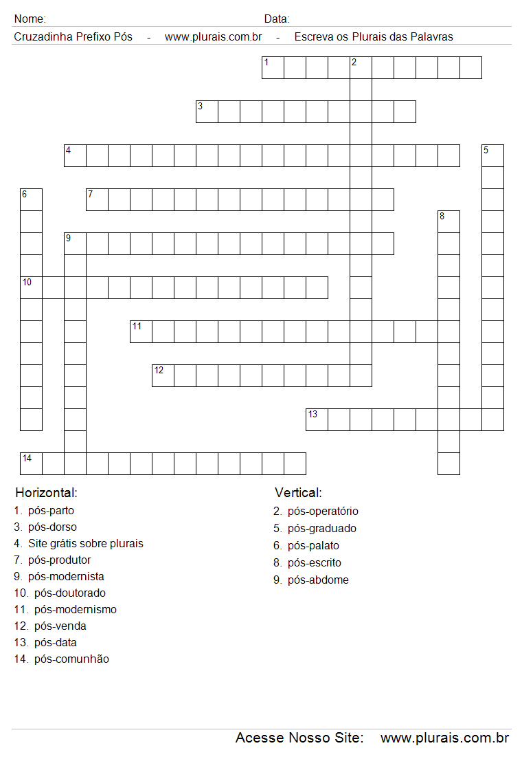 Cruzadinha Com Palavras Compostas Com o Prefixo Pós.