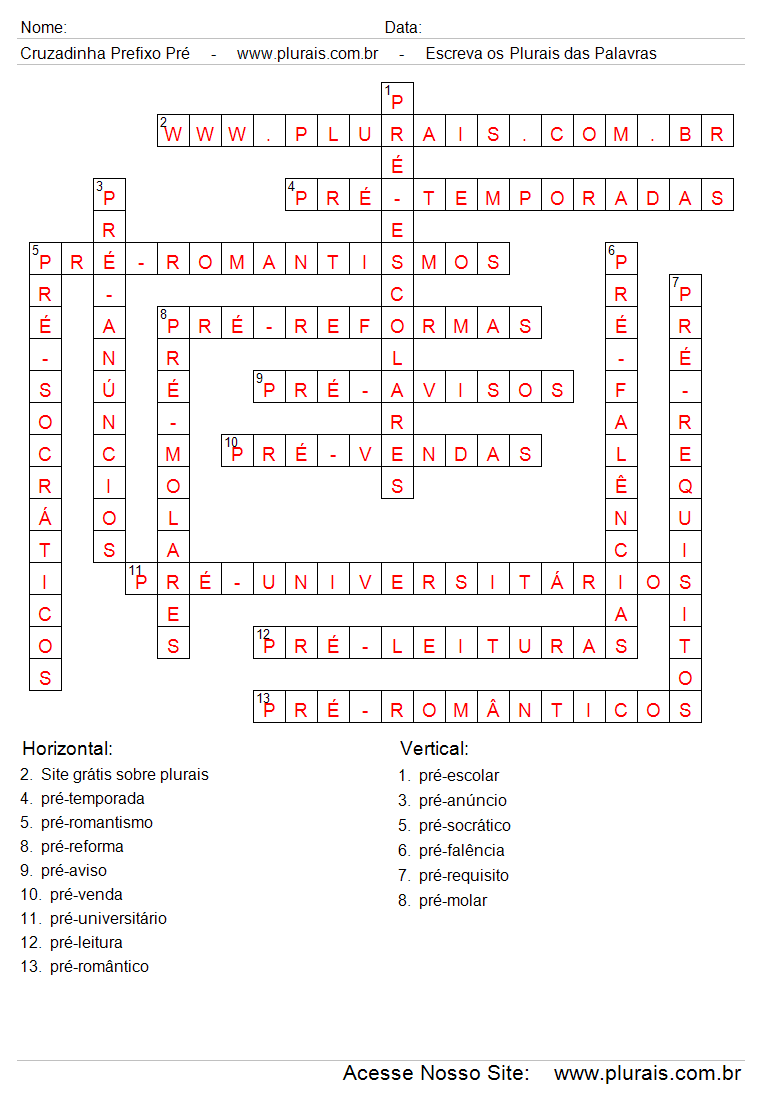 Respostas Cruzadinha Com Palavras Compostas Com o Prefixo Pré.