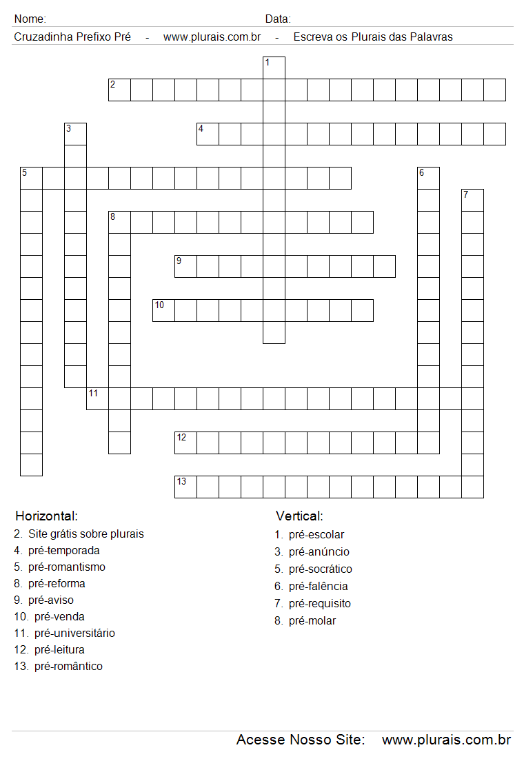 Cruzadinha Com Palavras Compostas Com o Prefixo Pré.