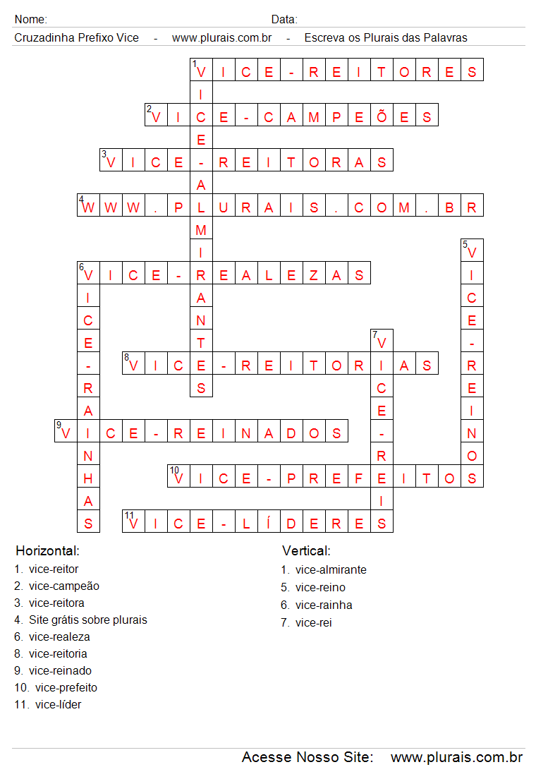 Respostas Cruzadinha Com Palavras Compostas Com o Prefixo Vice.