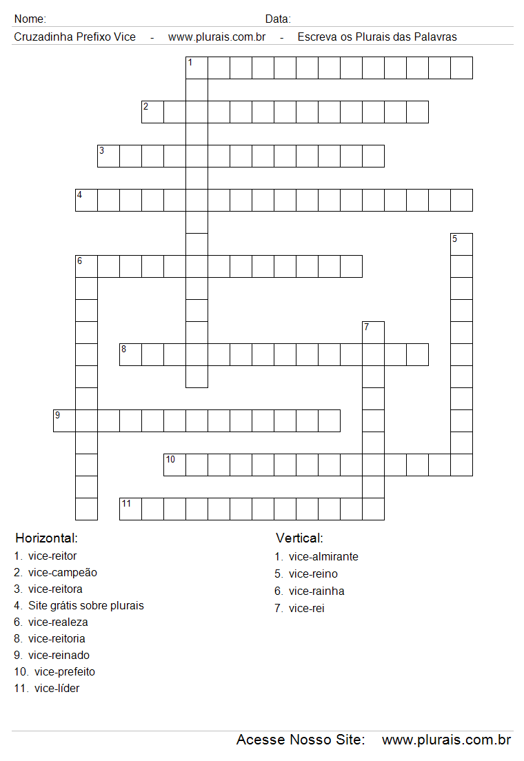 Cruzadinha Com Palavras Compostas Com o Prefixo Vice.