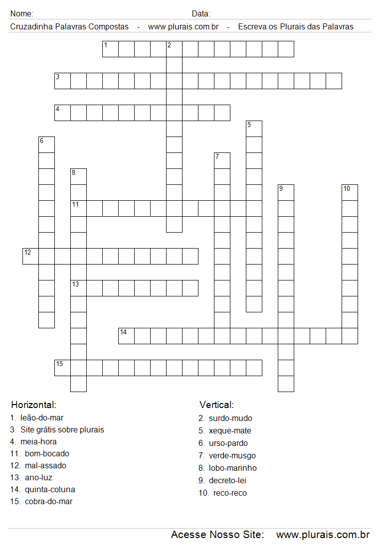 Cruzadinha Com Palavras Compostas no Plural