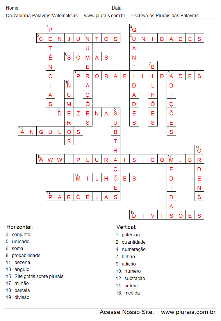 Cruzadinha Com Termos Matemáticos