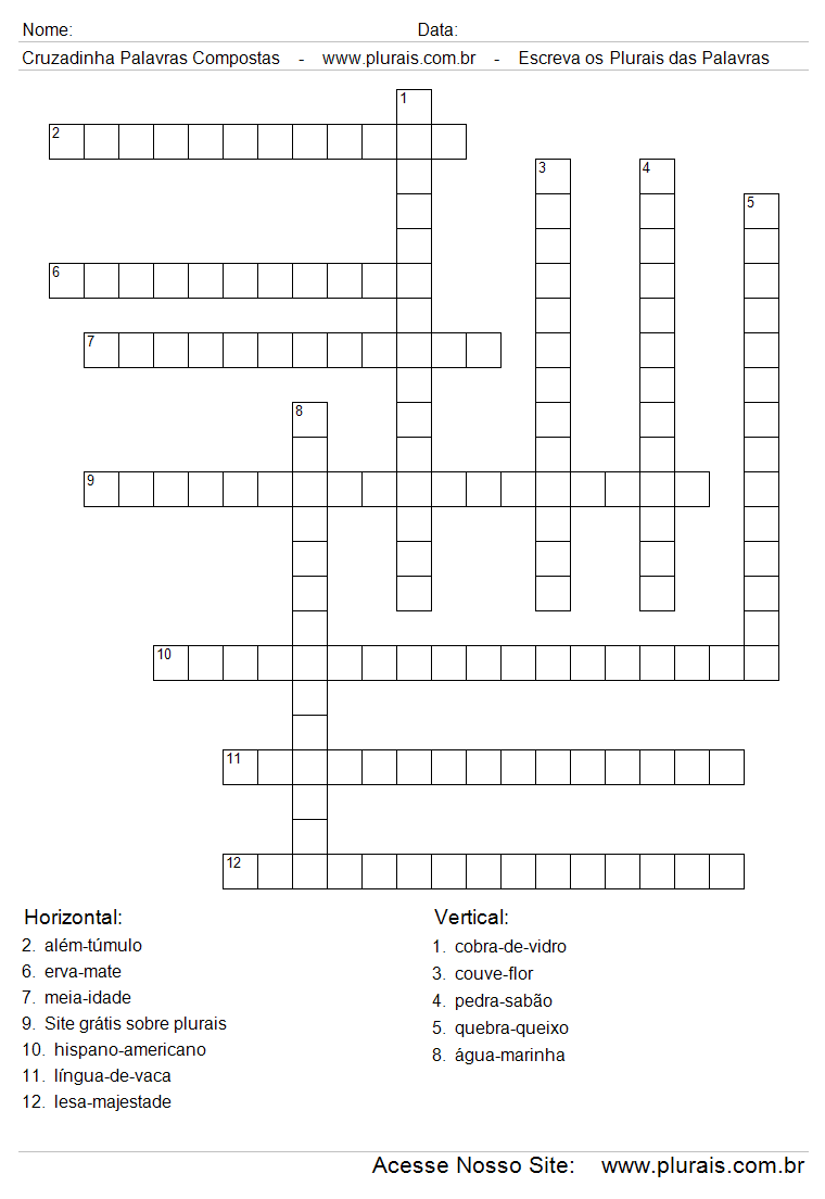 Cruzadinha Com Plurais de Palavras Compostas