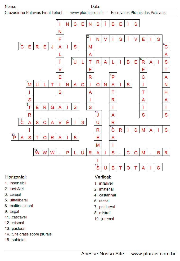 Respostas Cruzadinha Com Plurais de Palavras Com Final Letra L.