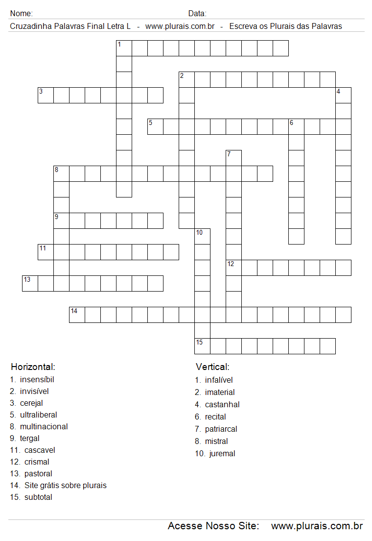 Cruzadinha Com Plurais de Palavras Com Final Letra L.