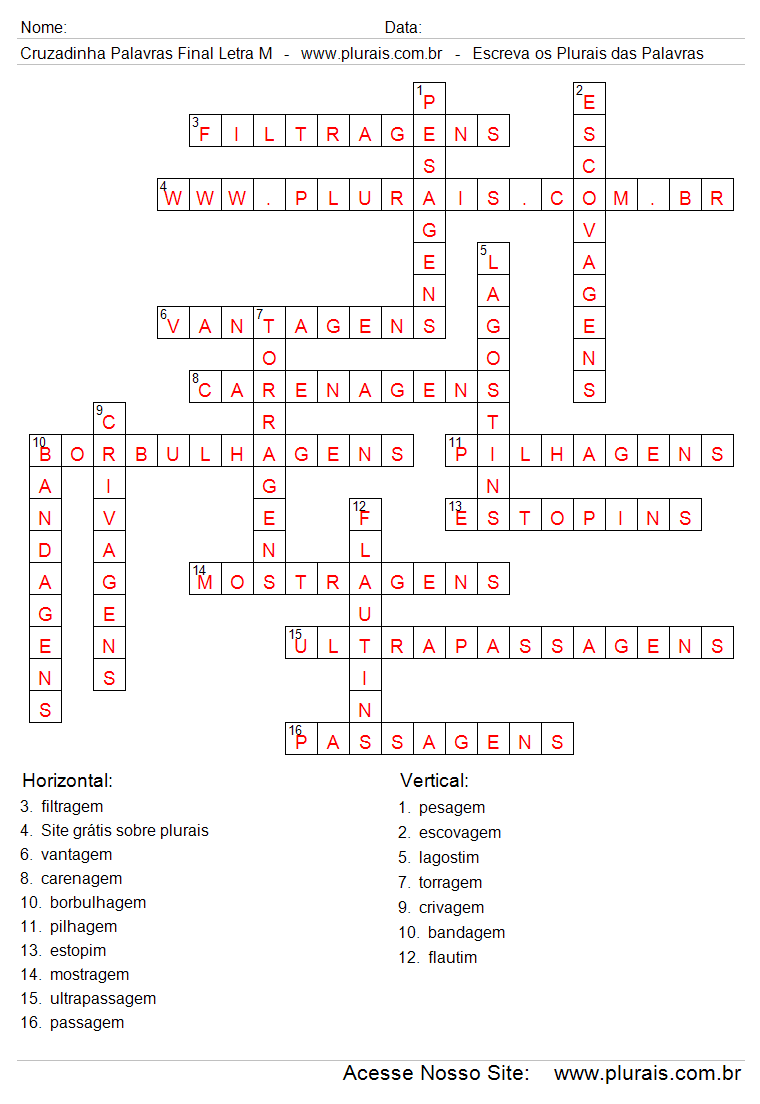 Respostas Cruzadinha Com Plurais de Palavras Com Final Letra M.