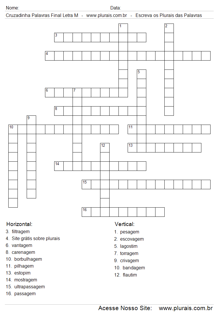 Cruzadinha Com Plurais de Palavras Com Final Letra M.