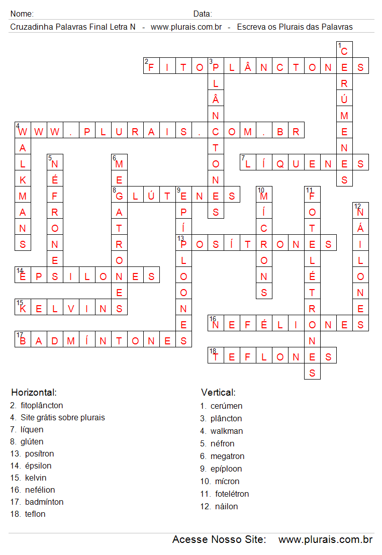 Respostas Cruzadinha Com Plurais de Palavras Com Final Letra N.