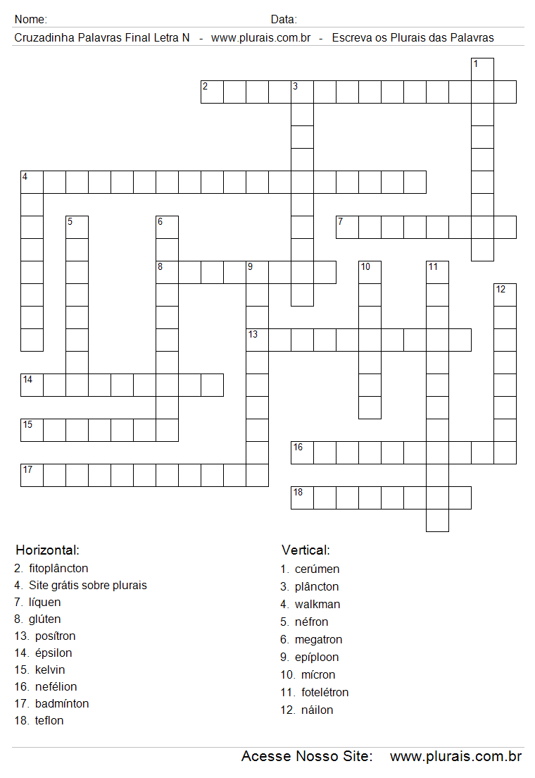 Cruzadinha Com Plurais de Palavras Com Final Letra N.