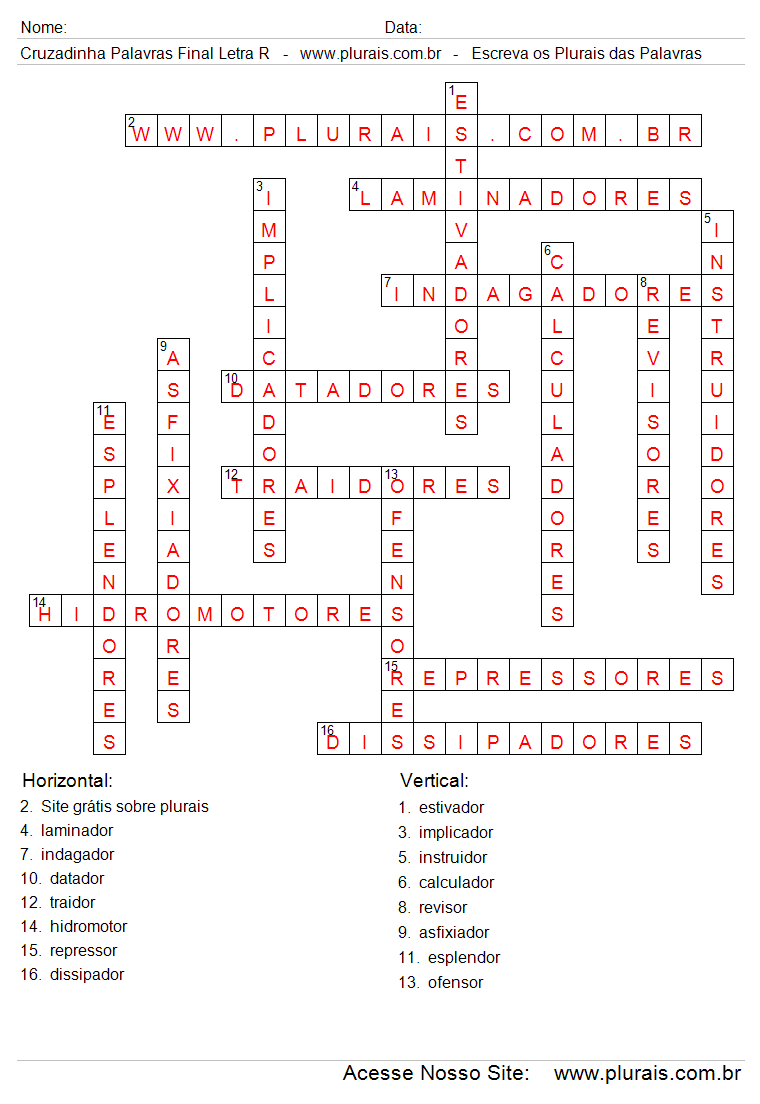 Respostas Cruzadinha Plurais de Palavras Com Final Letra R.