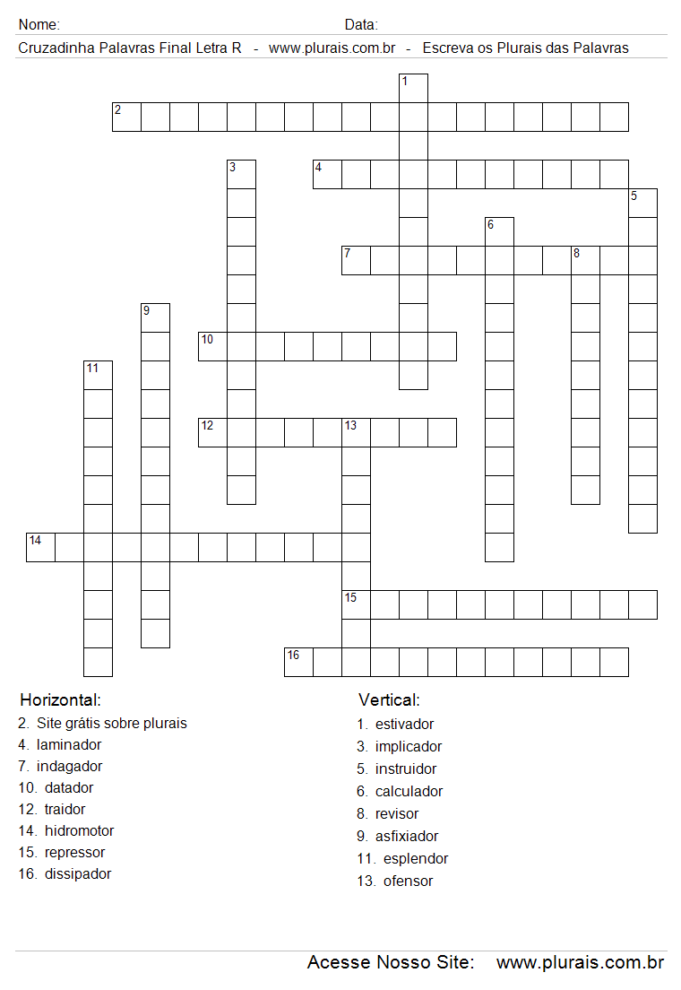 Cruzadinha Plurais de Palavras Com Final Letra R.