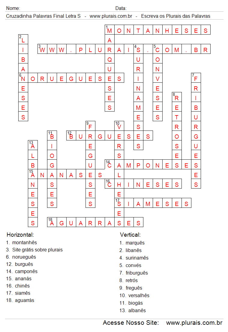 Respostas Cruzadinha Plurais de Palavras Com Final Letra S.