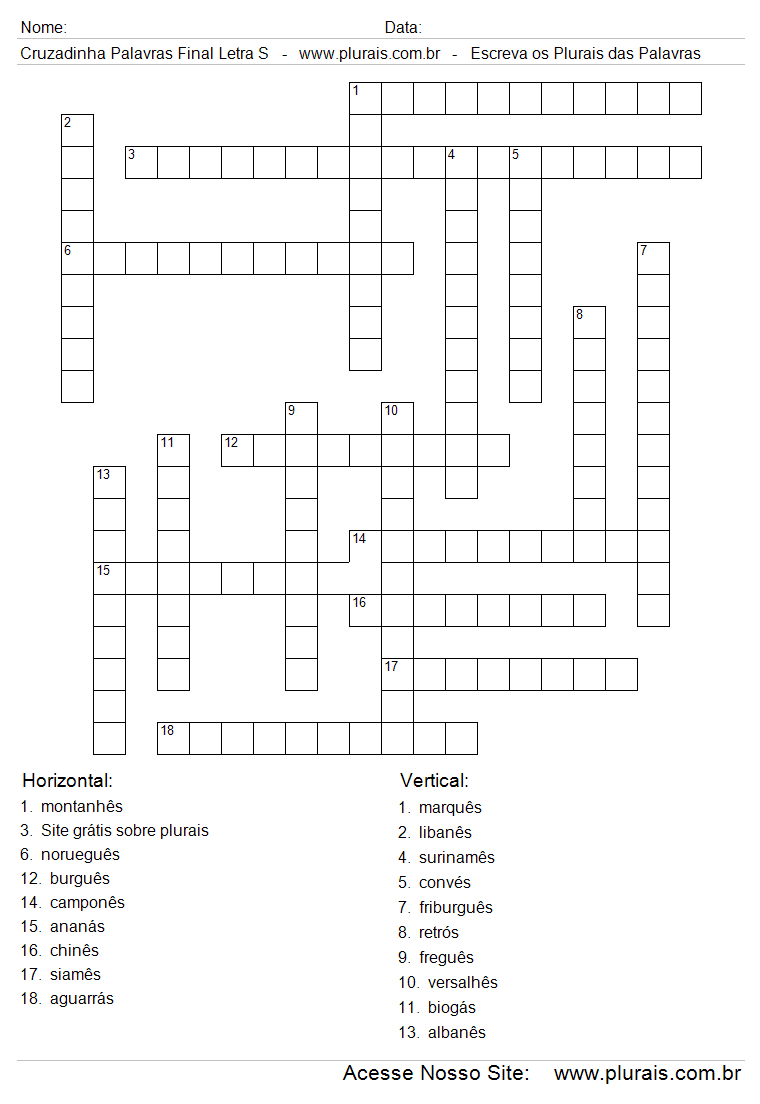 Cruzadinha Plurais de Palavras Com Final Letra S.