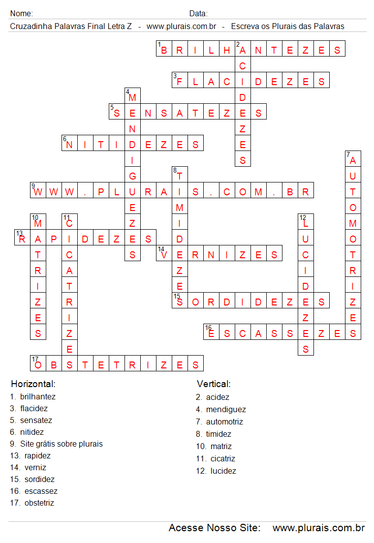 Respostas Cruzadinha Plurais de Palavras Com Final Letra Z.