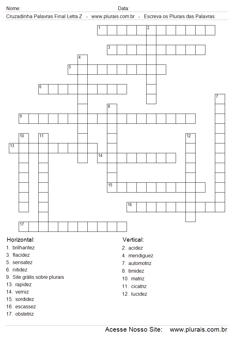 Cruzadinha Plurais de Palavras Com Final Letra Z.