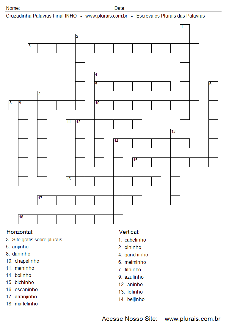 Cruzadinha Com Plurais de Palavras Terminadas em INHO