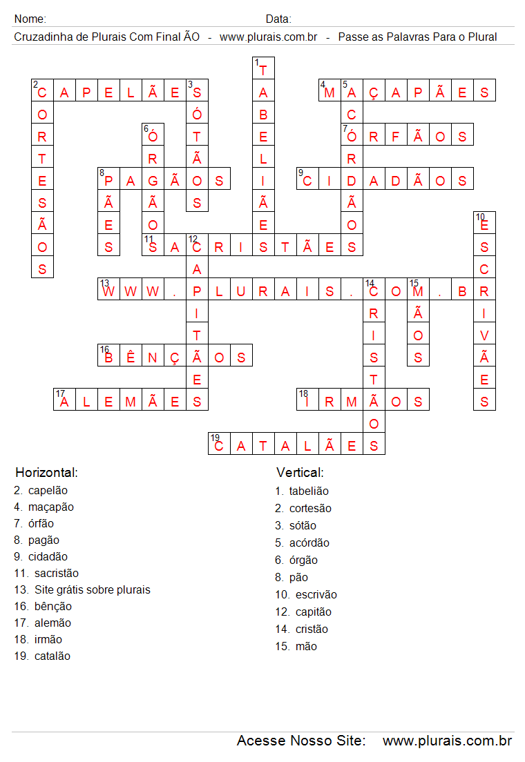 Resposta Cruzadinha Para Imprimir com Plurais de Palavras Terminadas em ÃO