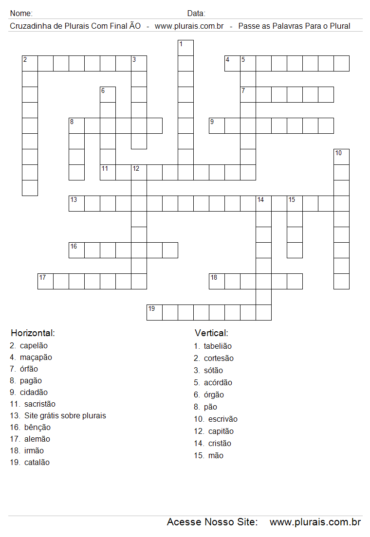 Cruzadinha Para Imprimir com Plurais de Palavras Terminadas em ÃO