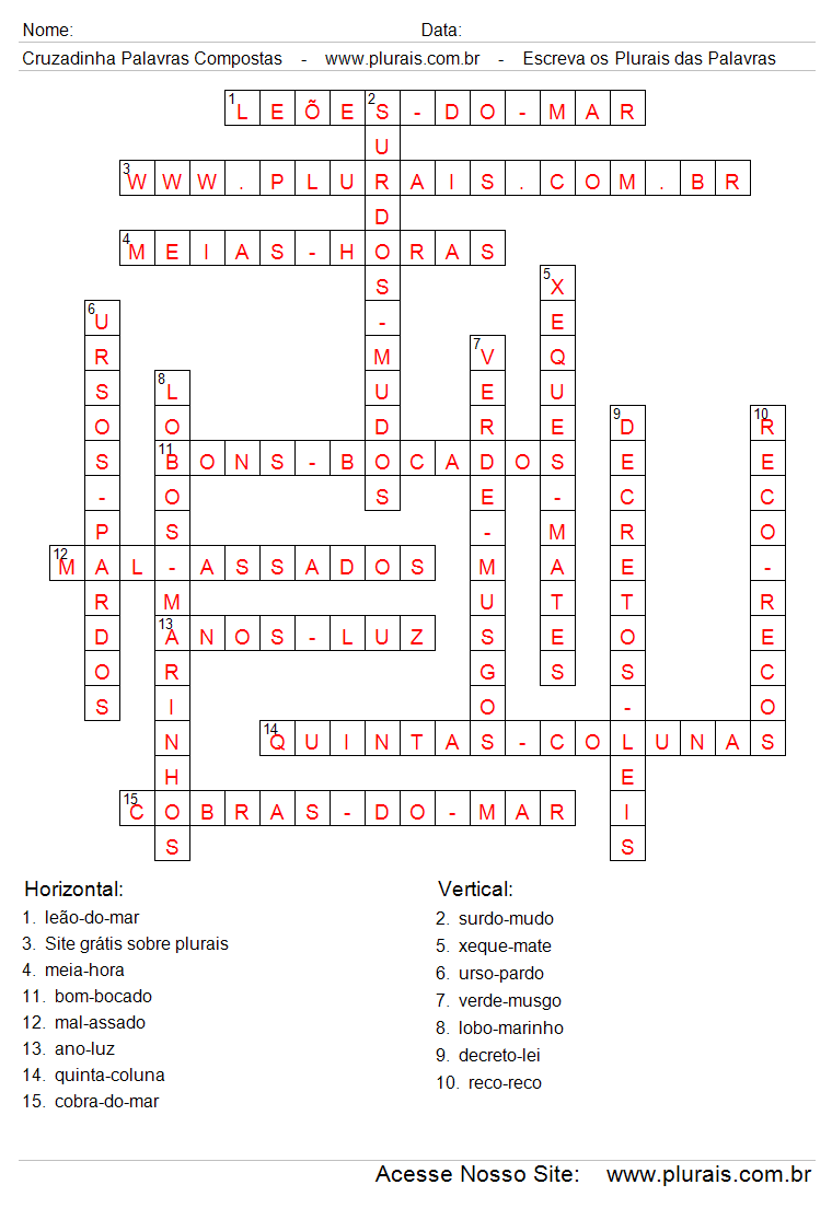 Cruzadinha Com Respostas de Palavras Compostas no Plural