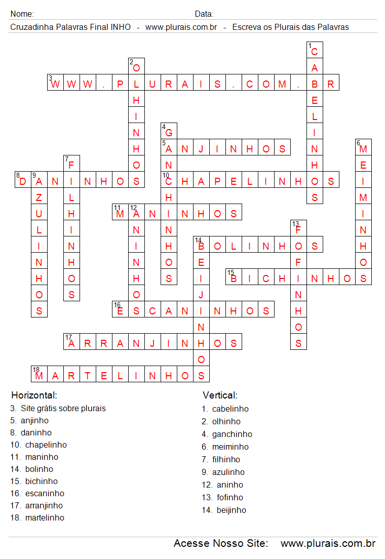 Cruzadinha Com Respostas de Palavras Terminadas em INHO