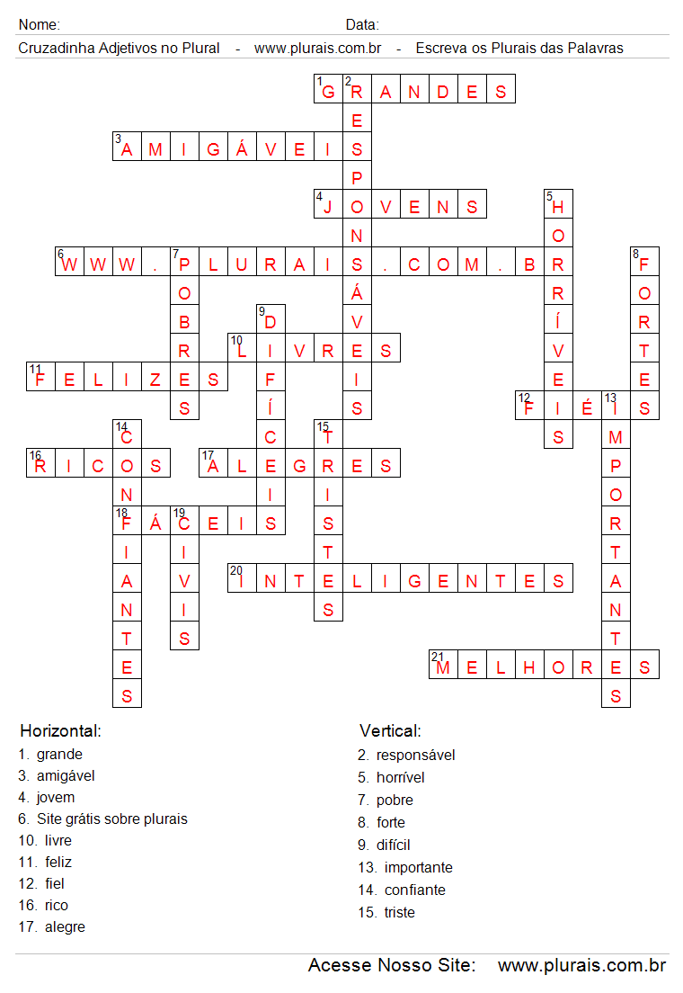 Cruzadinha Com Respostas Usando Adjetivos no Plural