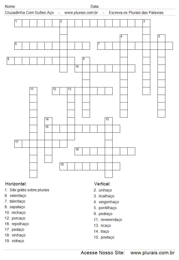 Cruzadinha de Palavras Com o Sufixo Aço