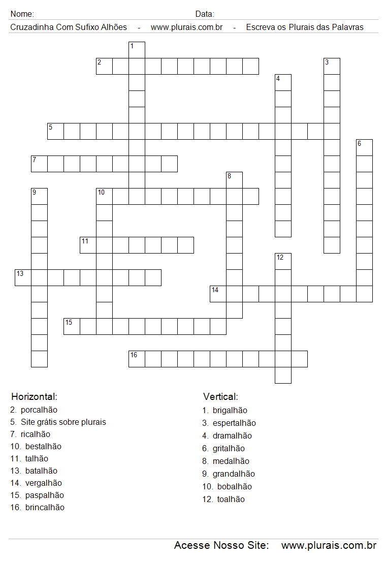 Cruzadinha de Palavras Com Sufixo Alhão