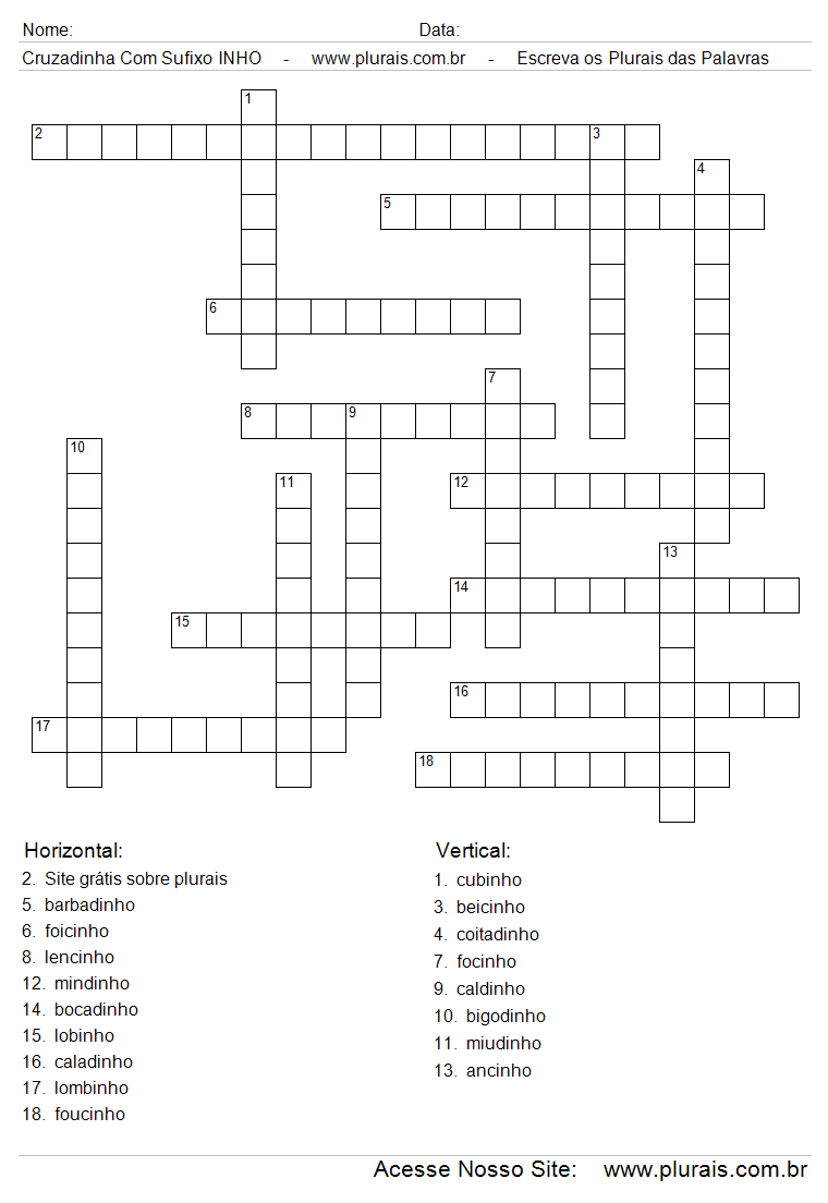 Cruzadinha de Palavras Com Sufixo INHO