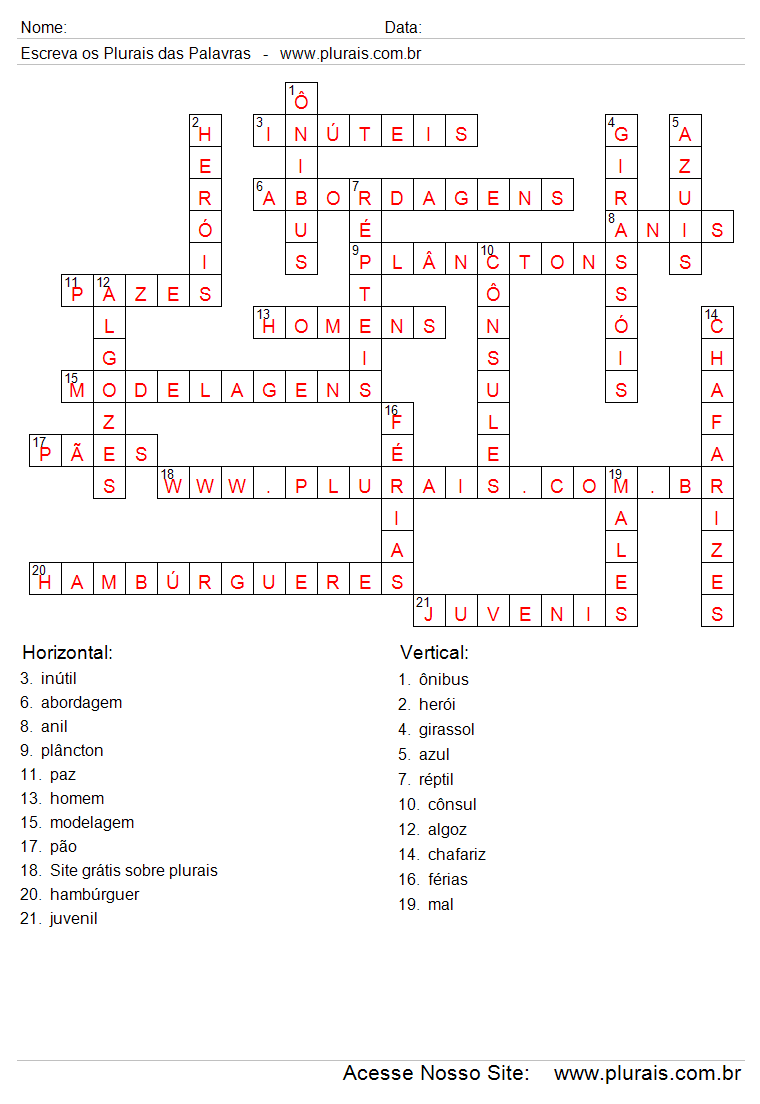 Cruzadinha dos Plurais Respostas