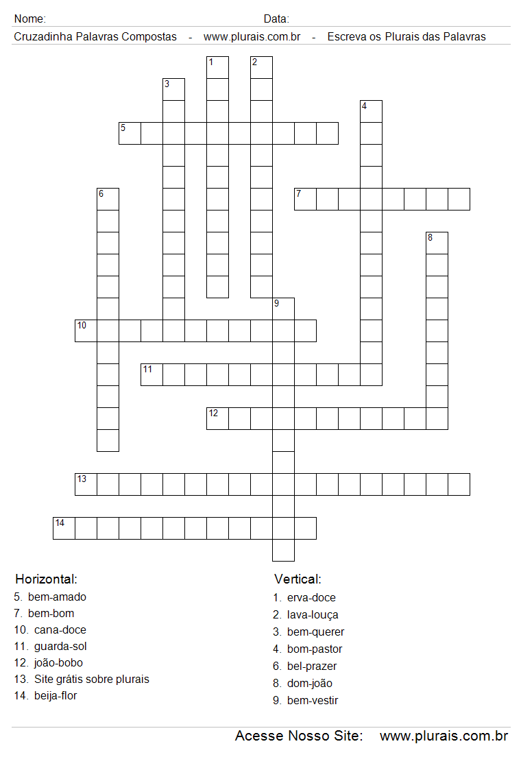Cruzadinha Para Impressão Com Palavras Compostas no Plural