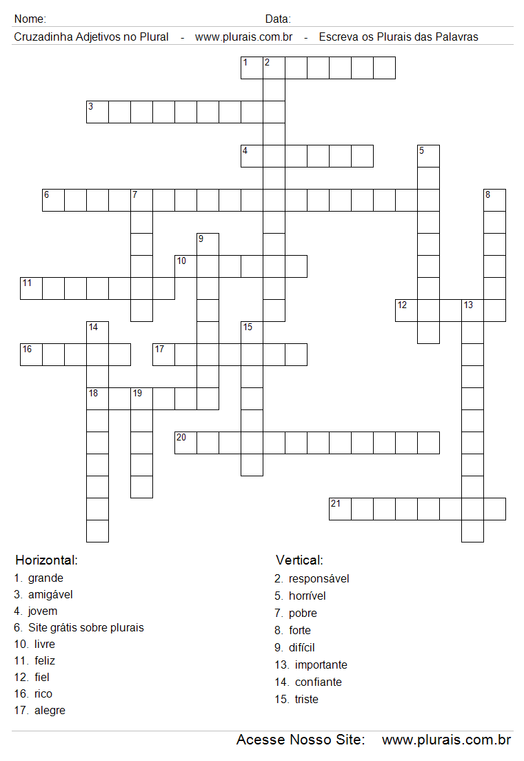 Cruzadinha Para Imprimir Com Adjetivos no Plural