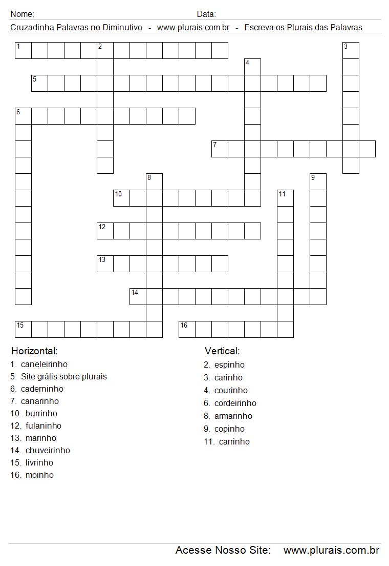 Cruzadinha Para Imprimir Com Plurais de Palavras no Diminutivo