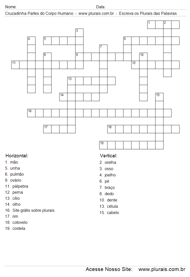 Cruzadinha Com Partes do Corpo Humano no Plural