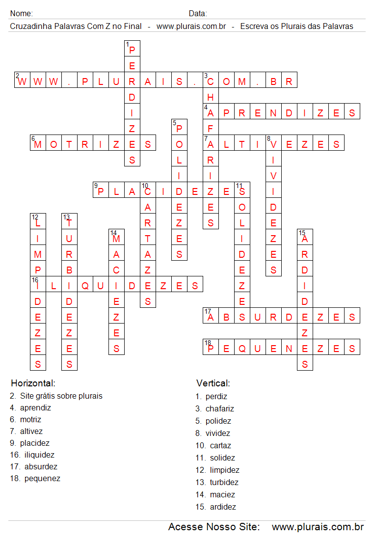 Respostas Cruzadinha Plurais de Palavras Terminadas Letra Z.