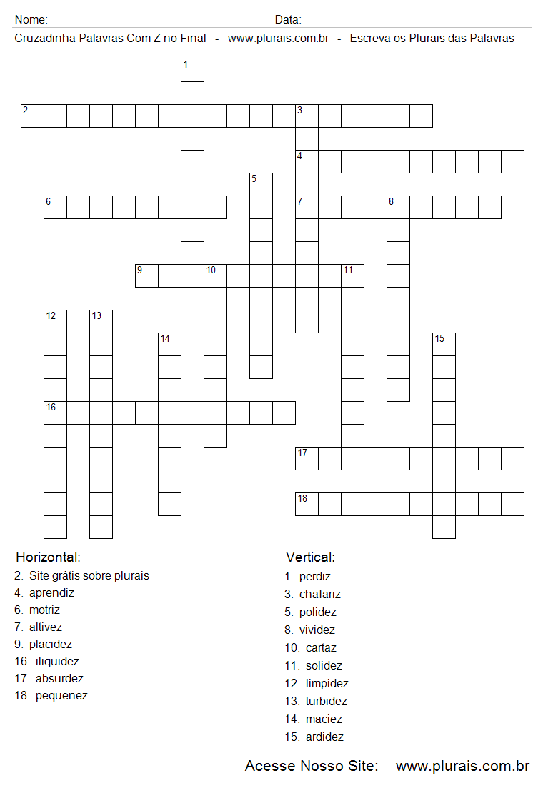 Cruzadinha Plurais de Palavras Terminadas Letra Z.