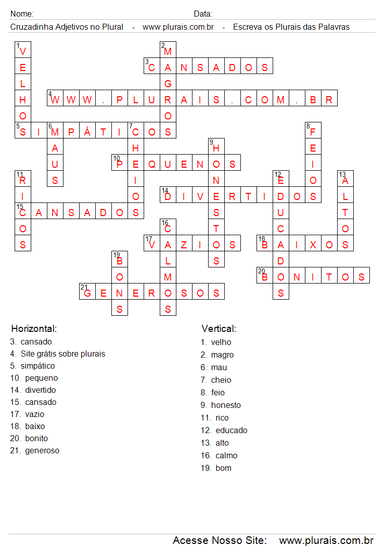 Cruzadinha Preenchida Com Adjetivos no Plural