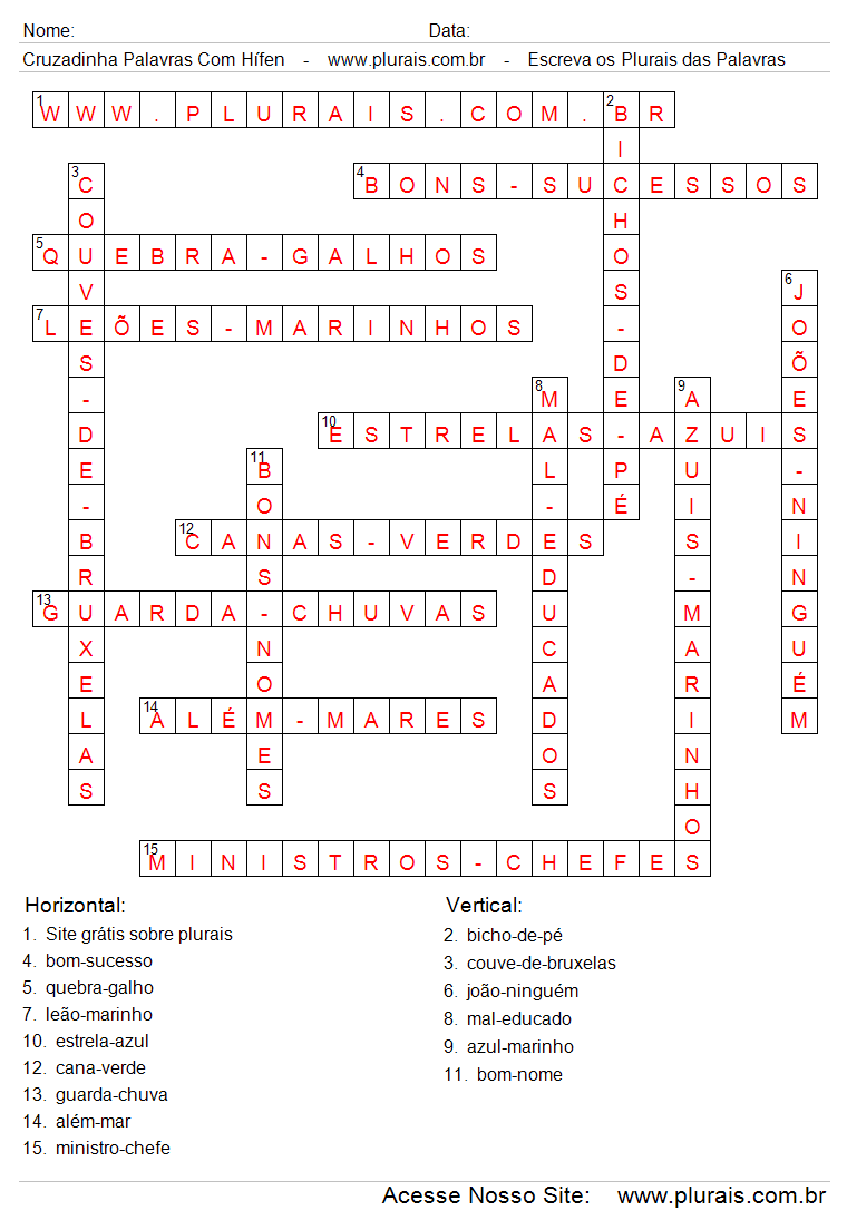 Cruzadinha Preenchida com Plurais de Palavras com Hífen