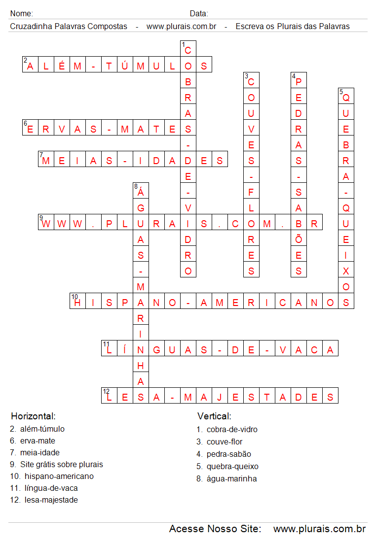 Cruzadinha Preenchida Com Plurais de Palavras Compostas