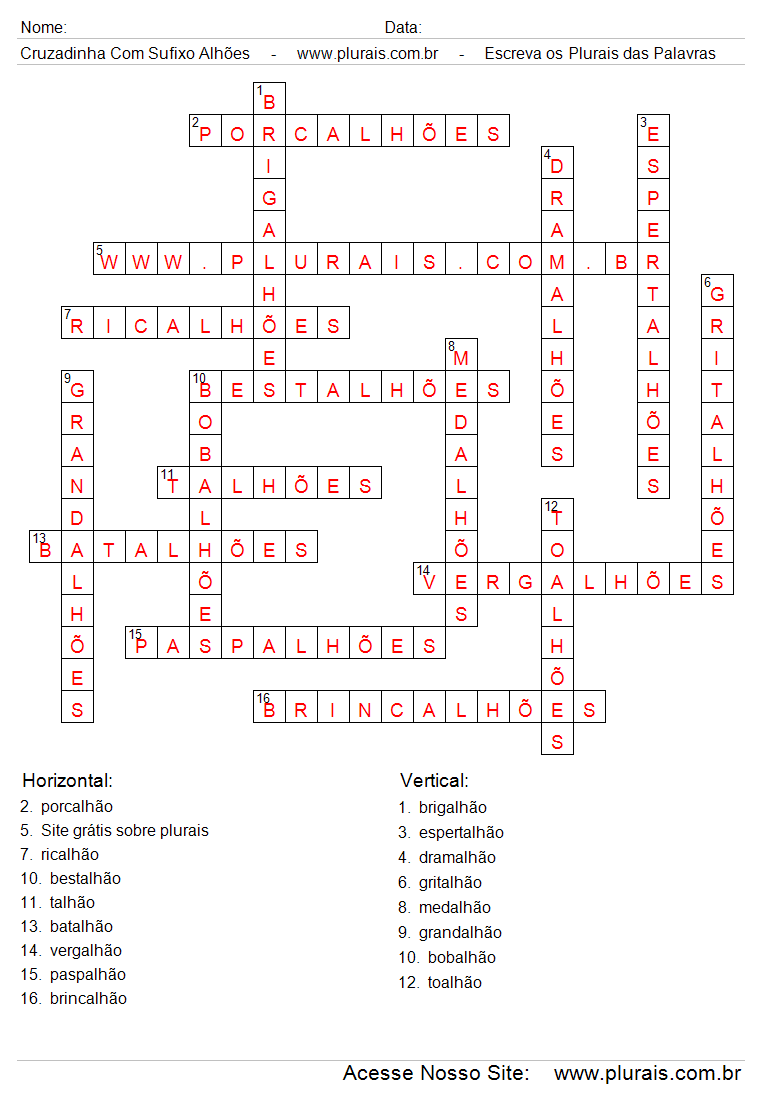 Cruzadinha Preenchida Com o Sufixo ALHÃO no Final das Palavras