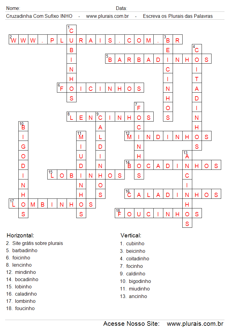 Cruzadinha Preenchida Com o Sufixo INHO no Final das Palavras