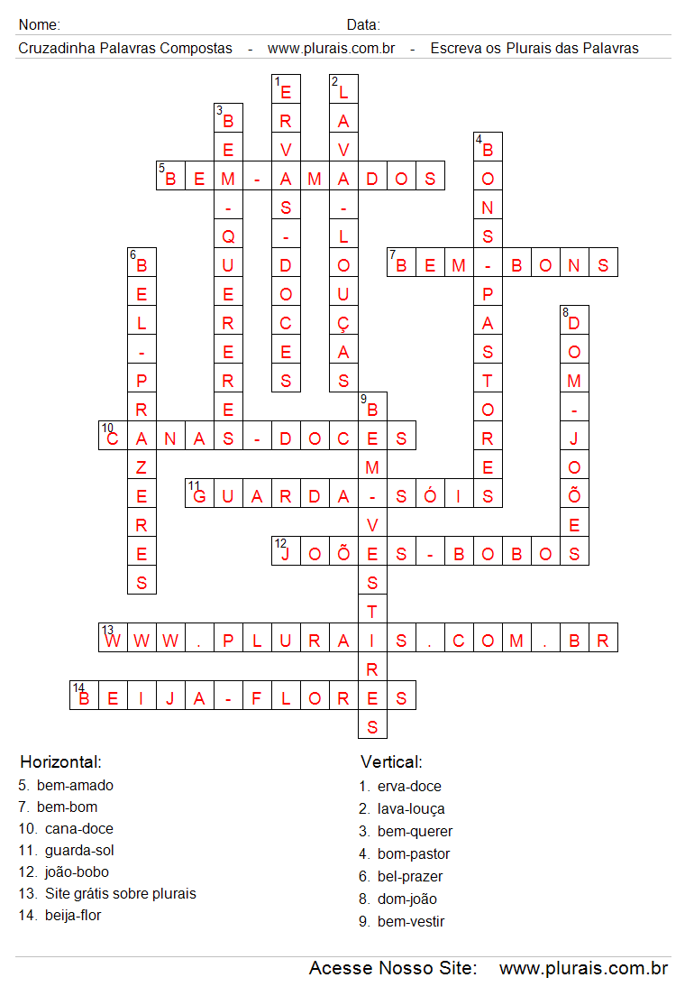 Cruzadinha Respondida Com Palavras Compostas no Plural