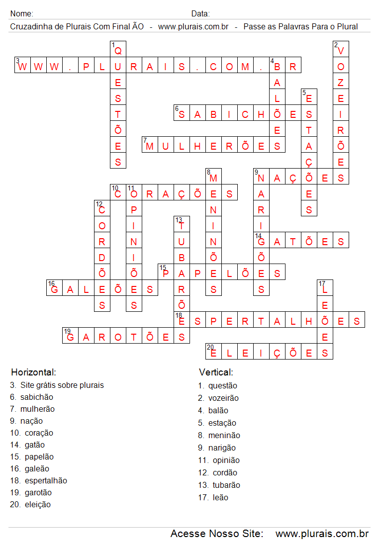 Resposta Cruzadinha Para Imprimir Com Plural Final ÃO