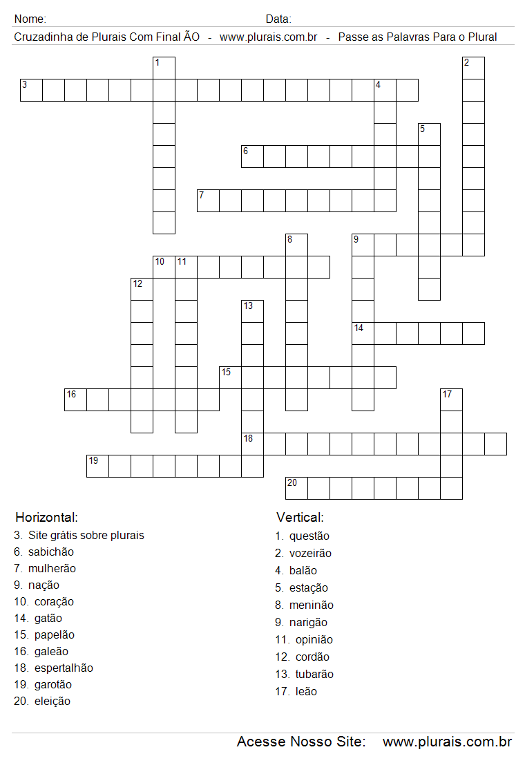 Cruzadinha Para Imprimir Com Plural Final ÃO