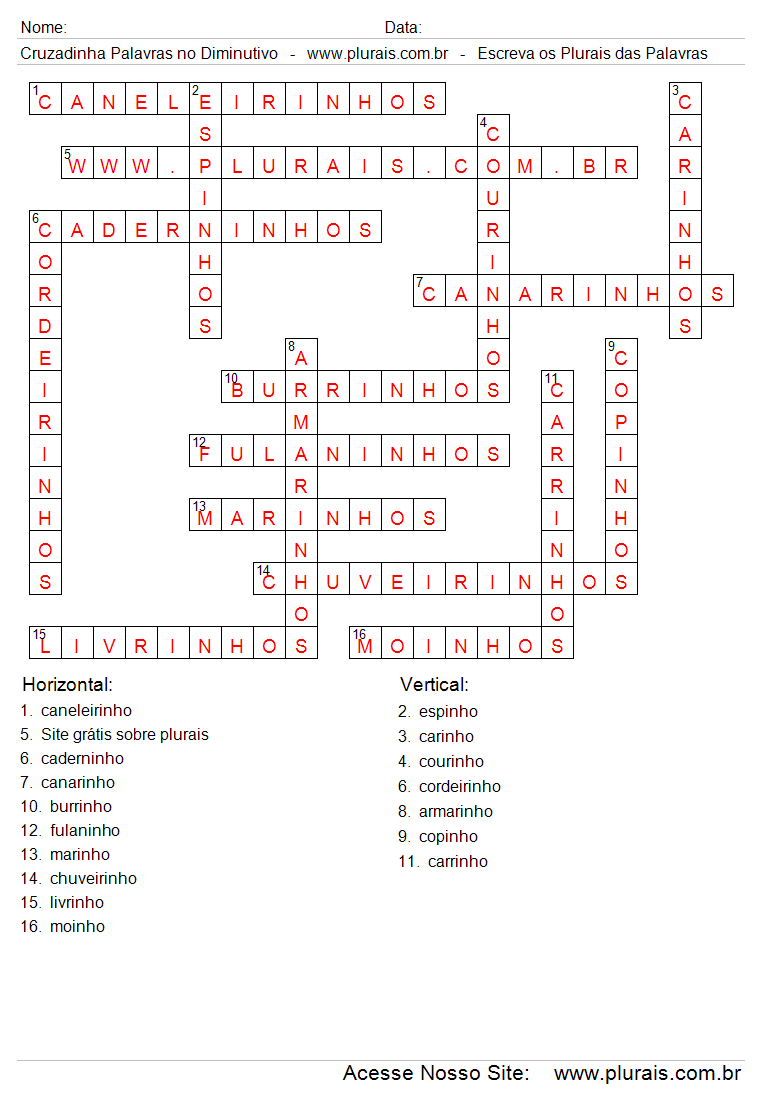 Gabarito de Cruzadinha Preenchida Com Palavras no Diminutivo