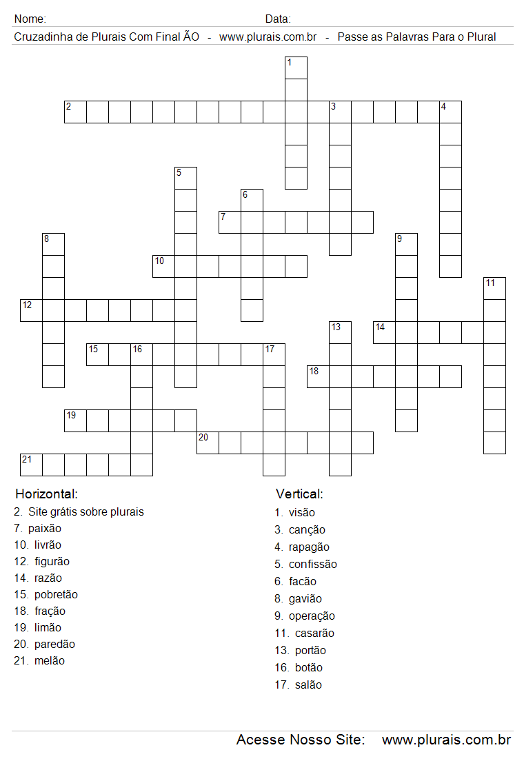 Palavra Cruzada Para Imprimir com Plural Finais ÕES